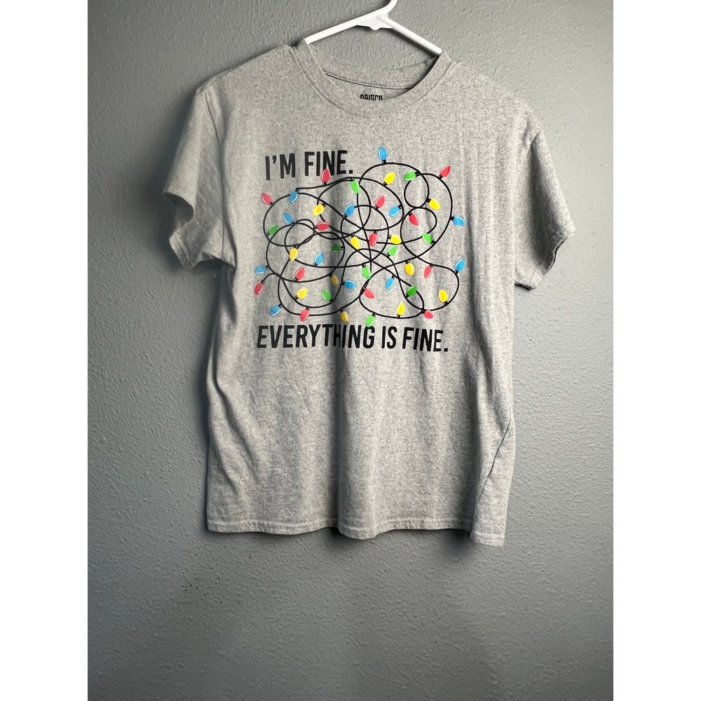 Brisco Brands Gray Im Fine Everything Is Fine Christmas Lights Novelty T-Shirt M